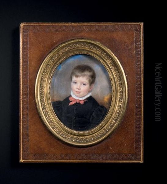 Portrait D'un Jeune Garcon Blond, En Buste Vers La Gauche, Presque De Face En Vetement Fonce Noir, Noeud Rouge, Col Blanc Et Fond De Ciel Nuageux - view 1
