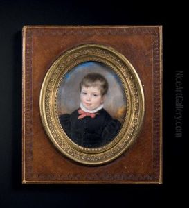 Portrait D'un Jeune Garcon Blond, En Buste Vers La Gauche, Presque De Face En Vetement Fonce Noir, Noeud Rouge, Col Blanc Et Fond De Ciel Nuageux