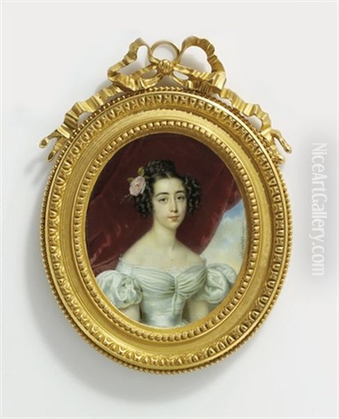 The Marquise De Mesgrigny, In Low-cut White Dress With Short Bouffant Sleeves And White Frill-edged Shift, White Satin Sash, Her Centre-parted Dark Hair Dressed In Ringlets And Plaited Bun - view 1