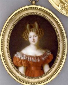 Sarah De Prou (nee De Maisonfort), In Orange-red Dress With Deep Lace Border, Her Light Brown Hair Curled And Dressed In An Apollo Knot
