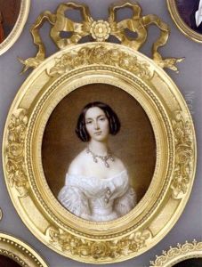A Young Lady, In Off-the-shoulder White Striped White Silk Dress With Tasselled Sleeves, Large Drop Pearl Pendants Pinned At Corsage, Large Pearl Necklace With Drop Pearls...