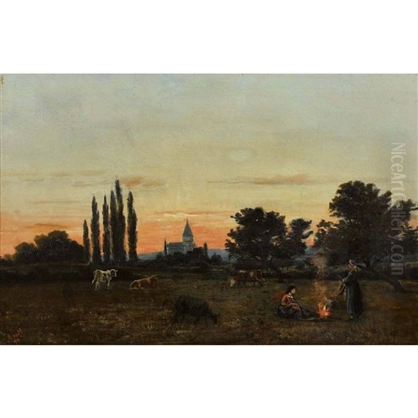 Landschaft Im Abendrot Mit Bauerinnen Am Lagerfeuer - view 1