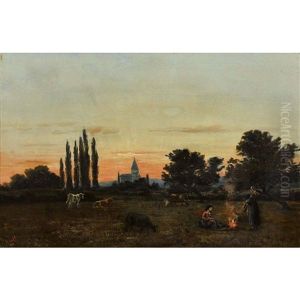 Landschaft Im Abendrot Mit Bauerinnen Am Lagerfeuer