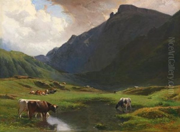 Paysage Alpin Avec Des Vaches Et Des Chevres (alpine Landscape With Cows And Goats) - view 1