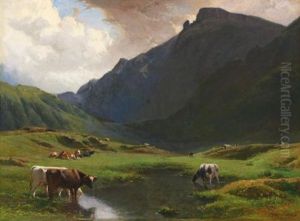 Paysage Alpin Avec Des Vaches Et Des Chevres (alpine Landscape With Cows And Goats) by Albert De Meuron