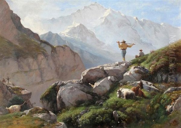 Alpine Landscape With Hikers And Mountain Goats - view 1