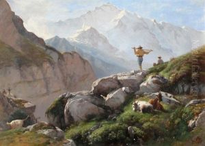 Alpine Landscape With Hikers And Mountain Goats by Albert De Meuron