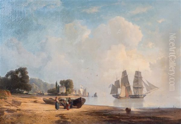 Low Tide At The Elbe, With A Threemaster Under American Flag - view 1