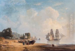 Low Tide At The Elbe, With A Threemaster Under American Flag