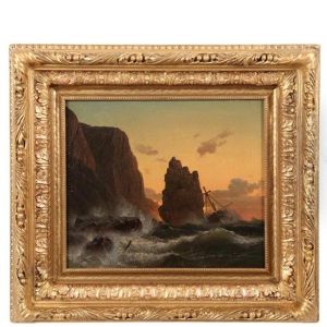 Shipwreck On Rocky Coast At Dusk by Hermann Mevius