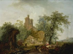 A Wooded Landscape With Ruins And A Shepherdess Leading Her Flock by Hendrick de Meyer the Younger