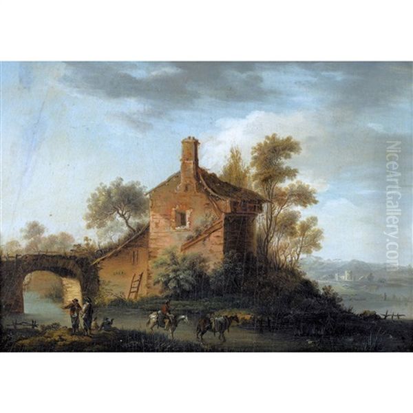 Flusslandschaft Mit Bauernhaus Und Reisenden - view 1
