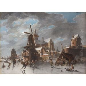 A Busy Dutch Townscape With Figures Skating On A Frozen Canal By Moonlight by Hendrick de Meyer the Younger