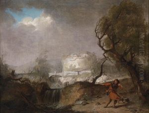 Italienische Gewitterlandschaft Mit Einem Wanderer Und Hund by Hendrick de Meyer the Younger