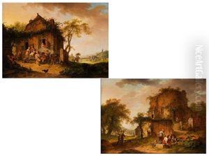 Alte Gebaude In Landschaft Mit Mehrfigurigen Landlichen Szenen (pair) by Hendrick de Meyer the Younger