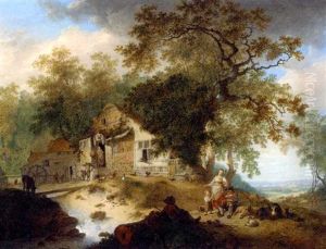 A Wooded River Landscape With Peasants Resting By A Cottage by Hendrick de Meyer the Younger