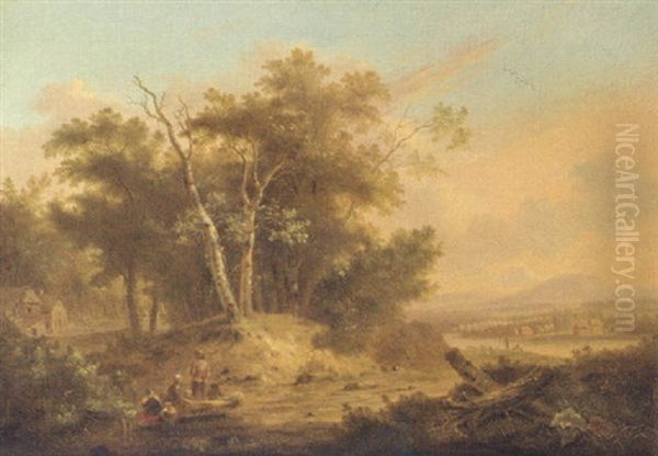 A Peasant Resting By A Treetrunk In A Wooded Riverlandscape In Summer - view 1