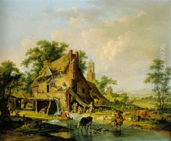 A Watermill With Farmyard Animals And Peasants, A Landscape Beyond - view 1