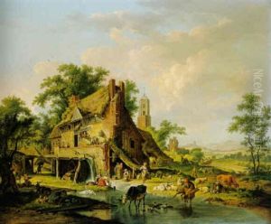 A Watermill With Farmyard Animals And Peasants, A Landscape Beyond