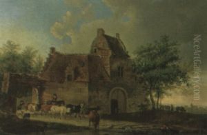 Drovers With Cattle And Sheep At A Farmhouse, A Town Beyond by Hendrick de Meyer the Younger