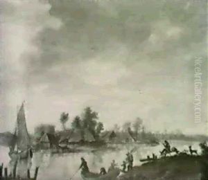Figures Boarding A Ferry Moored At A Riverbank