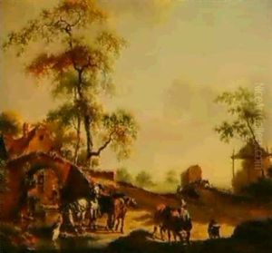 A Landscape With Two Bridges And Cattle And Horses Watering By A Stream by Hendrick de Meyer the Younger