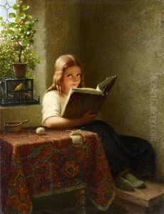 A Young Girl Reading At A Table by Johann Georg Meyer von Bremen