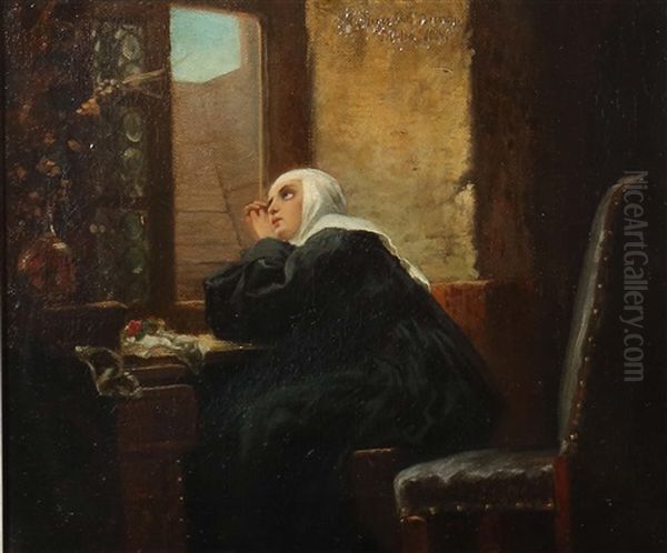 Nonne Am Offenen Fenster, In Der Stube, Den Blick Andachtig Nach Oben Gerichtet, Mit Gefalteten Handen - view 1