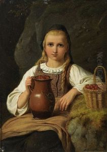 Junges Madchen In Tracht Mit Erdbeeren Im Korb Und Krug