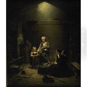 Genre Scene With Woman And Children Before The Hearth