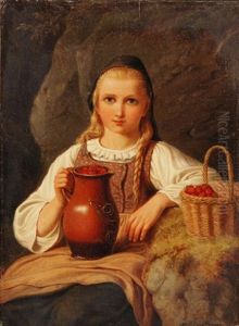Sitzendes Madchen Mit Blonden Zopfen, Einen Krug Mit Erdbeeren In Der Hand Haltend