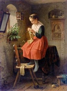 Strickendes Madchen (girl Knitting By A Window) by Johann Georg Meyer von Bremen