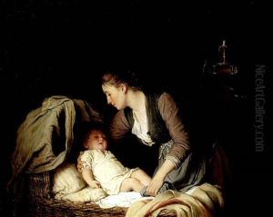 Junge Mutter Ihr Kind In Eine Korbwiege Legend by Johann Georg Meyer von Bremen
