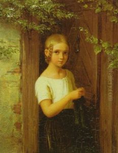 Kleines Madchen Mit Strickzeug, In Der Laubumrankten Hausture Stehend