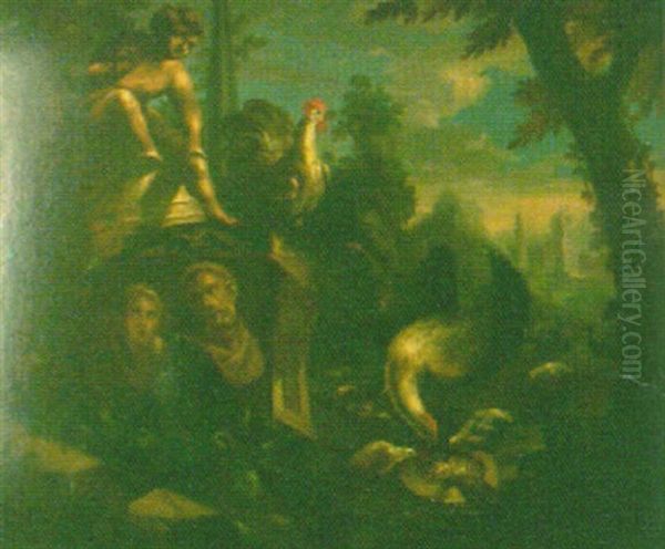 Chickens Feeding By Sculptures And Classical Ruins In A Landscape - view 1