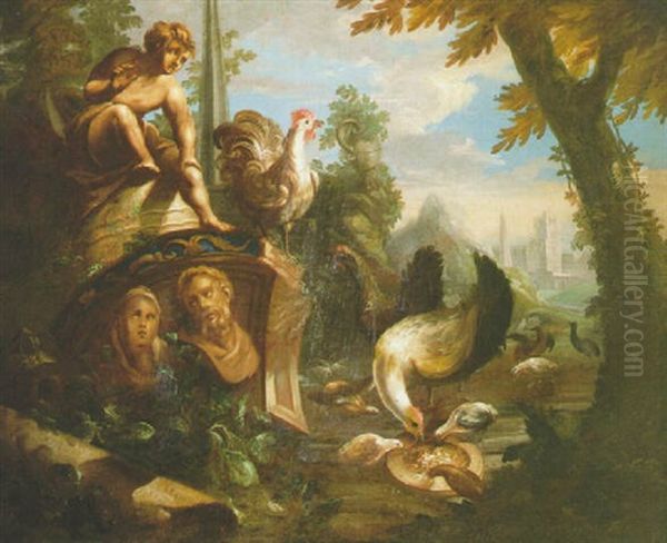 Chickens Feeding By Sculptures And Classical Ruins In A Landscape - view 1