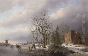 Figures Skating In A Frozen Winter Landscape by Anthony Andreas de Meyer