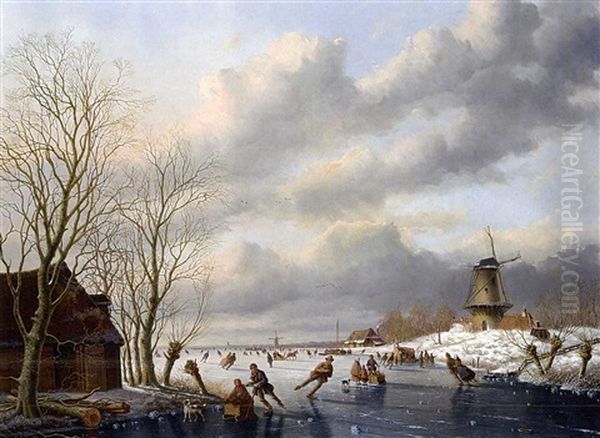 A Winter Landscape With Skaters On A Frozen River, A Windmill Beyond - view 1