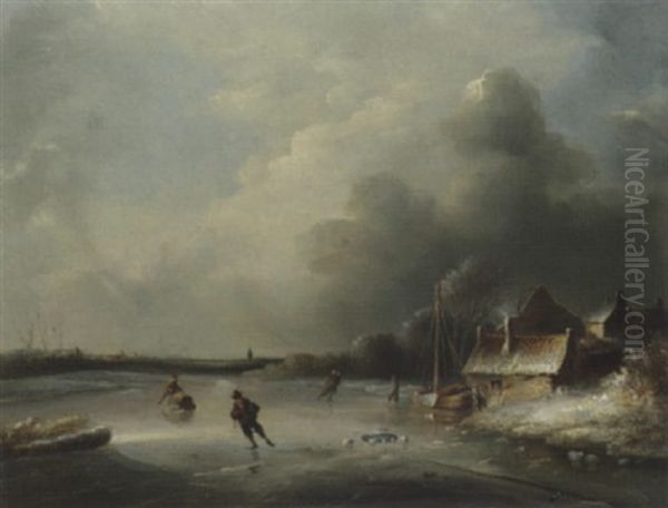 A Frozen Waterway With Figures Skating - view 1