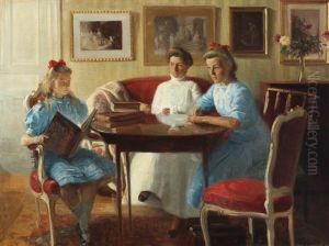 An Interior With Two Women And A Little Girl Reading by Carl Vilhelm Meyer