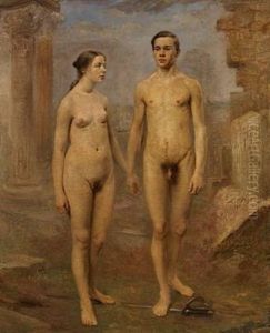 A Naked Man And Woman Standing Among Ruins. He Is Treading On A Sword