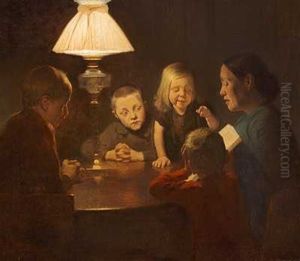 En Moder Laeser Hojt For Sine Born I Lampens Skaer by Carl Vilhelm Meyer