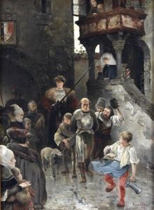 Ein Schwerer Gang, Historisierende Strasenszene Mit Geharnischtem Mann Und Schaulustigen