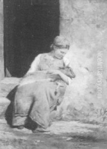Woman Tending To Lamb by Claus Meyer