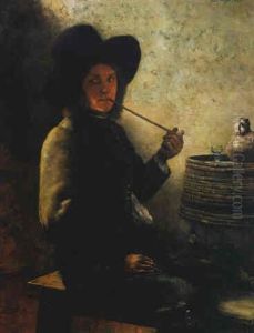 Interieur Mit Jungem Tonpfeifenraucher Mit Grosem, Breitkrempigem Hut by Claus Meyer