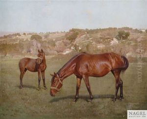 Eine Stute Mit Ihrem Fohlen Auf Der Koppel, Im Hintergrund Bewaldete Anhohe Mit Architektur by Emile Meyer
