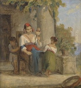Italienerin Mit Spindel Und Zwei Spielenden Kindern Unter Der Pergola by Ernst Meyer