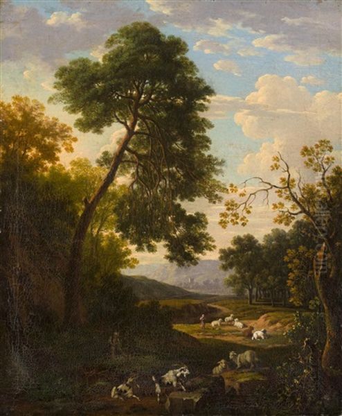 Hirten Mit Ihrer Herde In Bewaldeter, Hugeliger Landschaft - view 1
