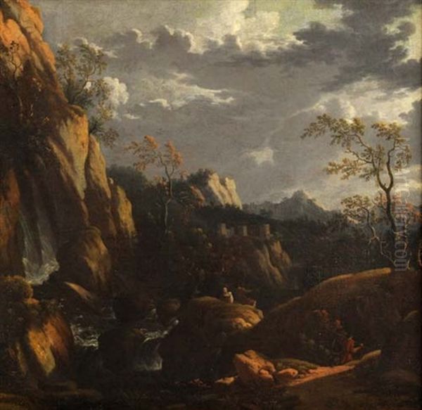 Felsige Flusslandschaft Mit Figurenstaffage Und Burgruine - view 1