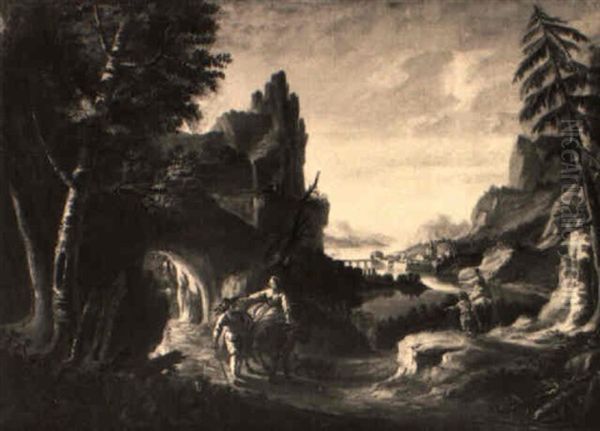 Gebirgige Fluslandschaft Mit Reisenden - view 1